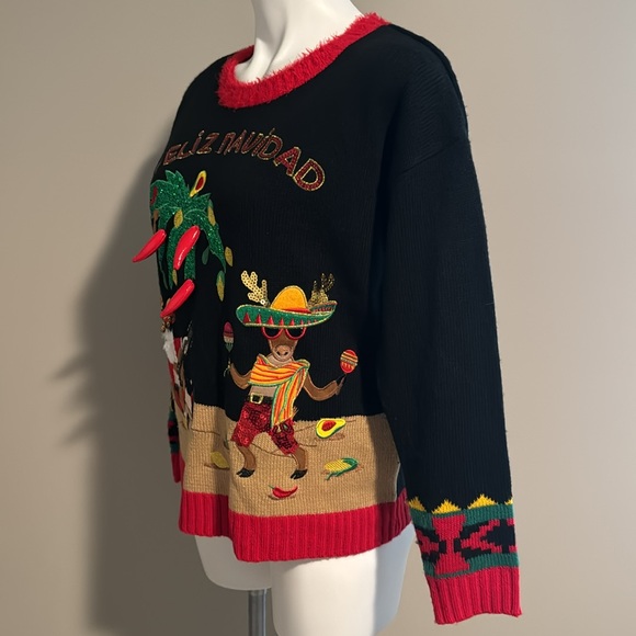 Feliz Navidad Ugly Christmas Sweater Santa Chili Peppers Avocado Sequins Small - Picture 7 of 12
